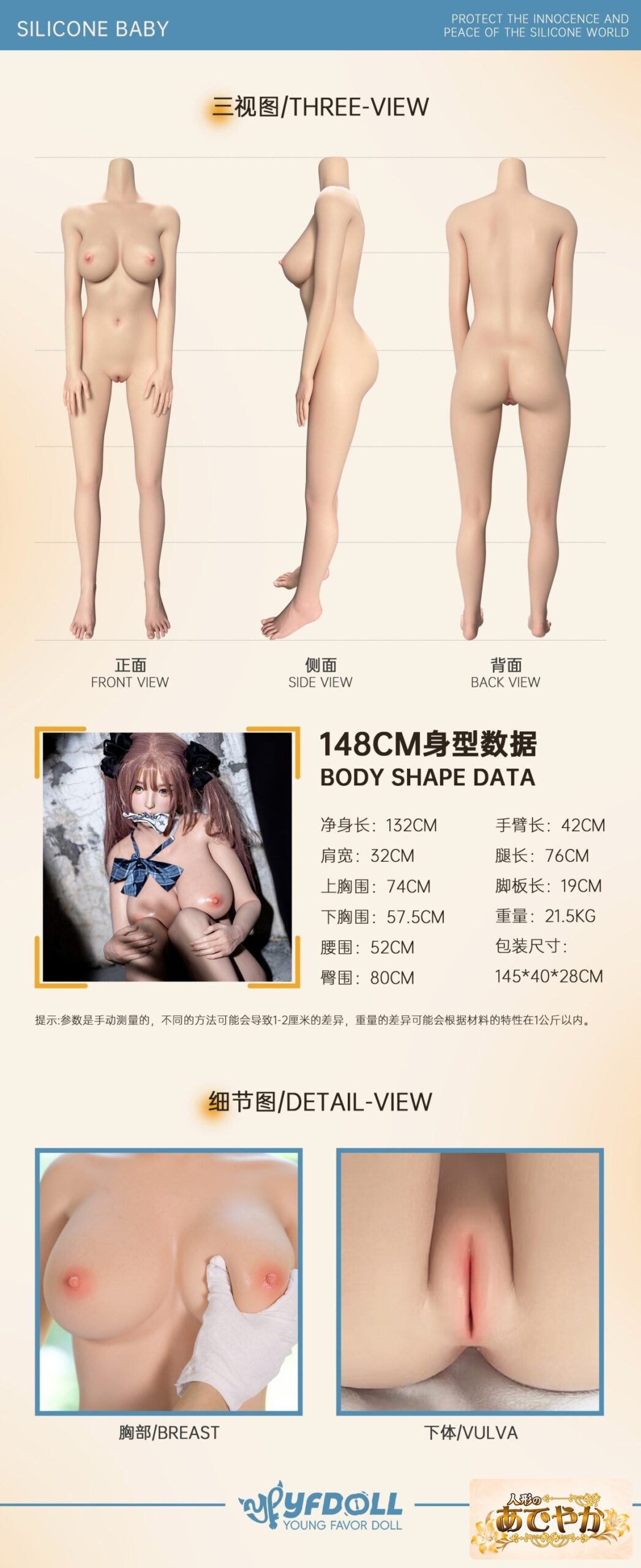 YFDOLL 166cm Fカップ 银杏（yinxing）ヘッド ボディ三視図とサイズ一覧 画像6