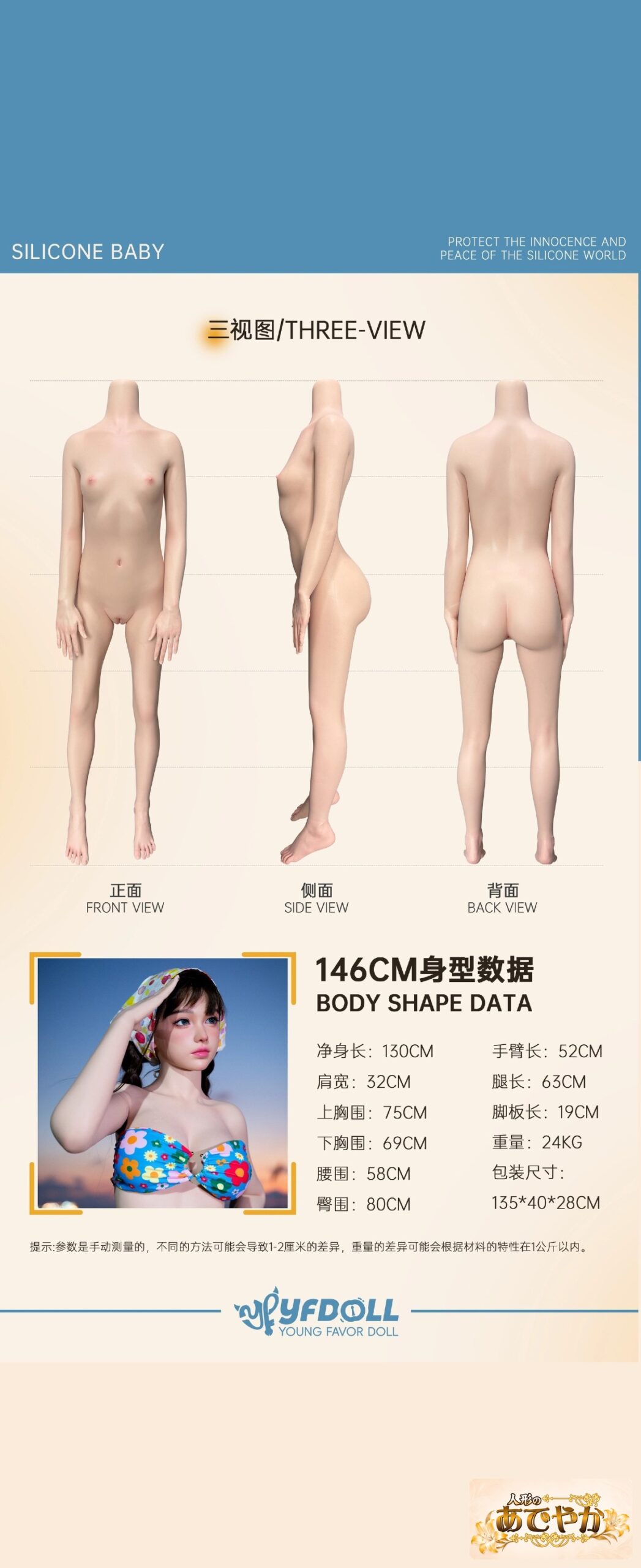 YFDOLL 166cm Fカップ 银杏（yinxing）ヘッド ボディ三視図とサイズ一覧 画像5